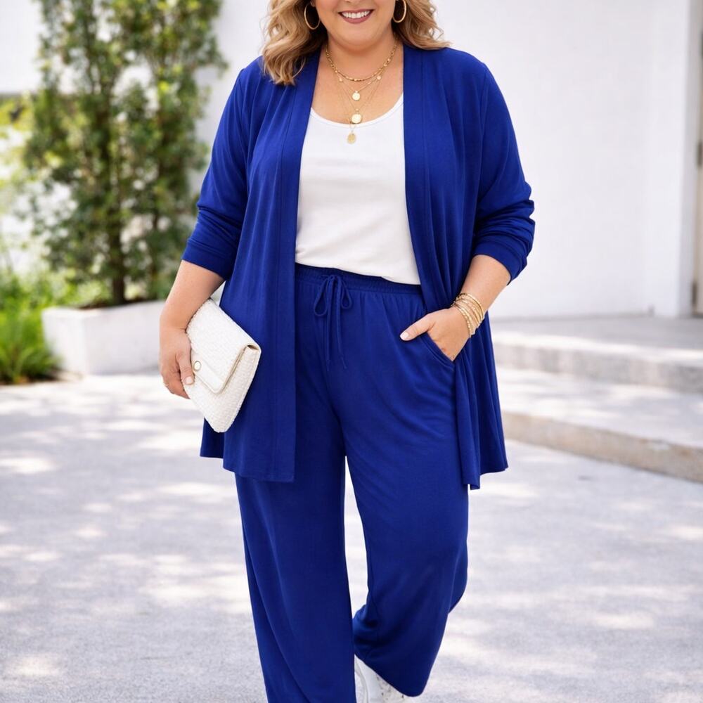 VTG A Touch of Class ATOC Blue 2 Piece Slinky Travel Pant Open Front Jacket L/XL